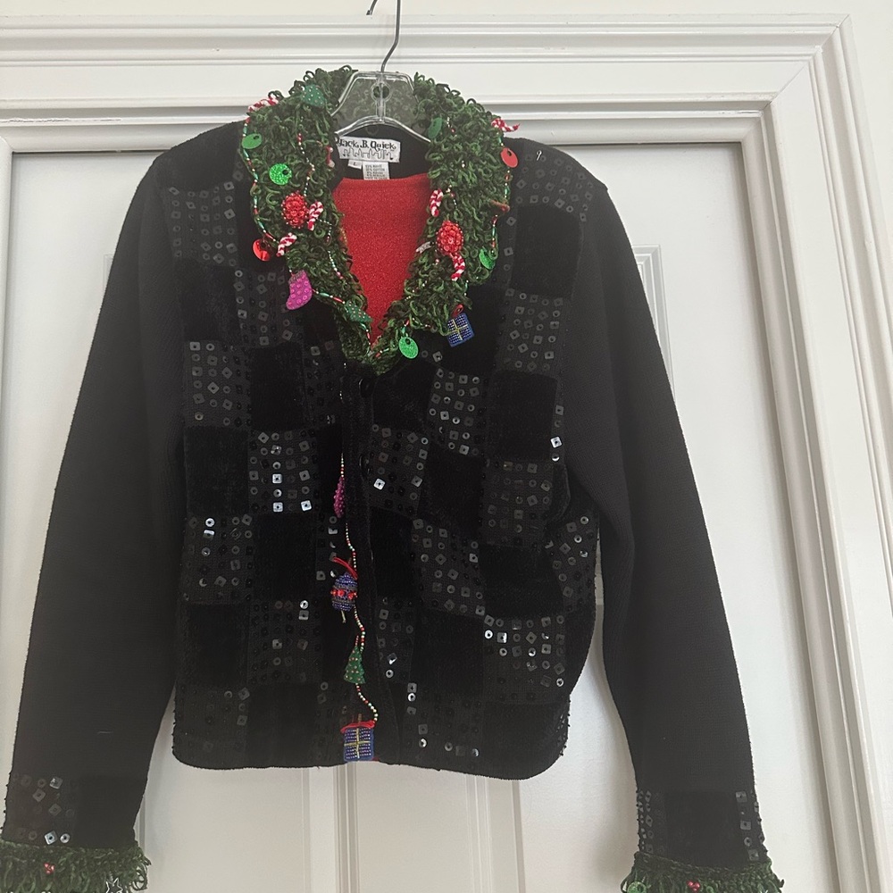 Festive Black Sequin Sweater Blazer with Green Accents